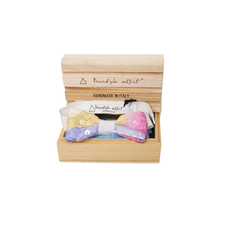 Papillon Paillettes colorato a fantasia azzurra viola rosa e gialla nella confezione in legno - Freestyle Outfit