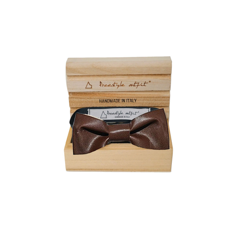 Papillon marrone in pelle classico da uomo nella confezione in legno - Freestyle Outfit