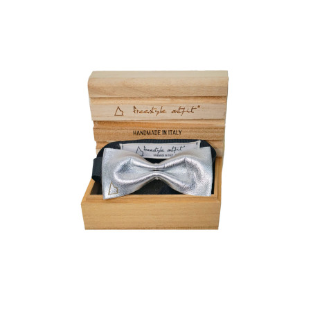 Papillon argento in pelle da uomo modello Pussy nella confezione in legno - Freestyle Outfit