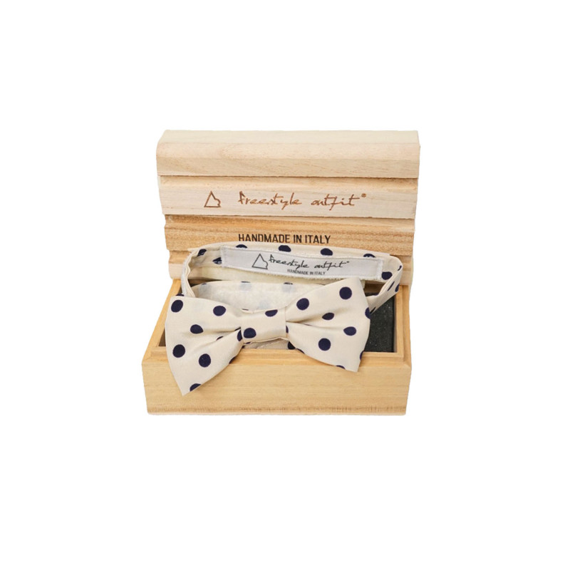 Papillon a pois blu in seta crema da uomo nella confezione in legno - Freestyle Outfit