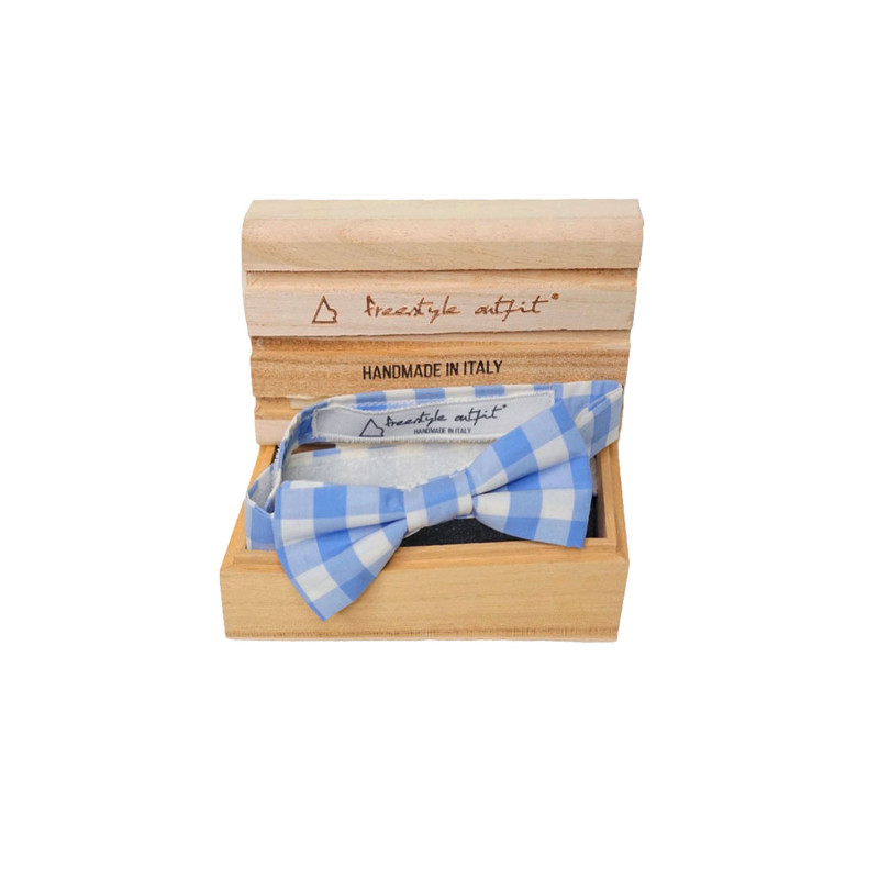 Papillon a quadri azzurro e bianco da uomo nella confezione in legno - Freestyle Outfit