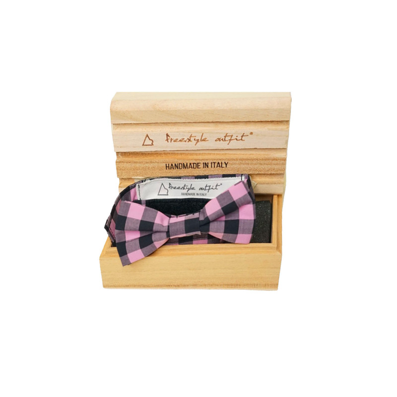 Papillon a quadri nero e rosa da uomo nella confezione in legno - Freestyle Outfit